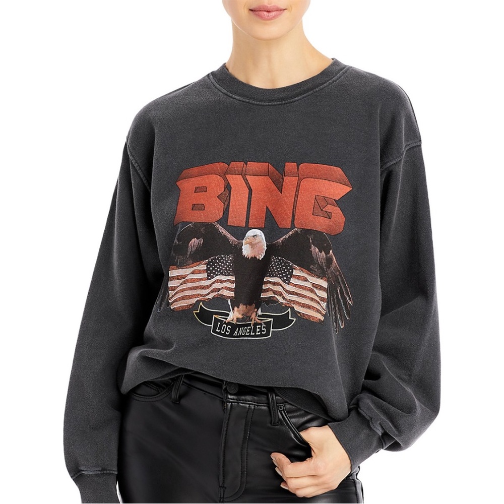 Anine Bing Charcoal Black Graphic Eagle Sweatshirt with Red Logo